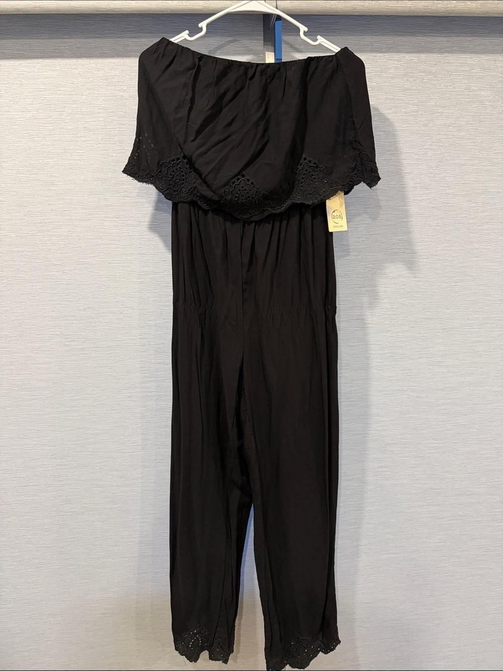 Off-Shoulder Black Lace-Trim Jumpsuit
